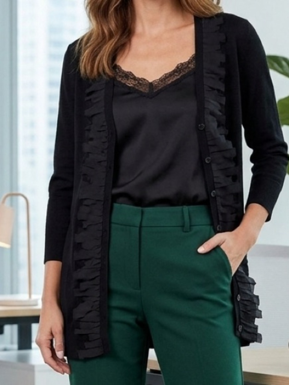 Cable & Gauge Black Ruffle-Trim Cardigan